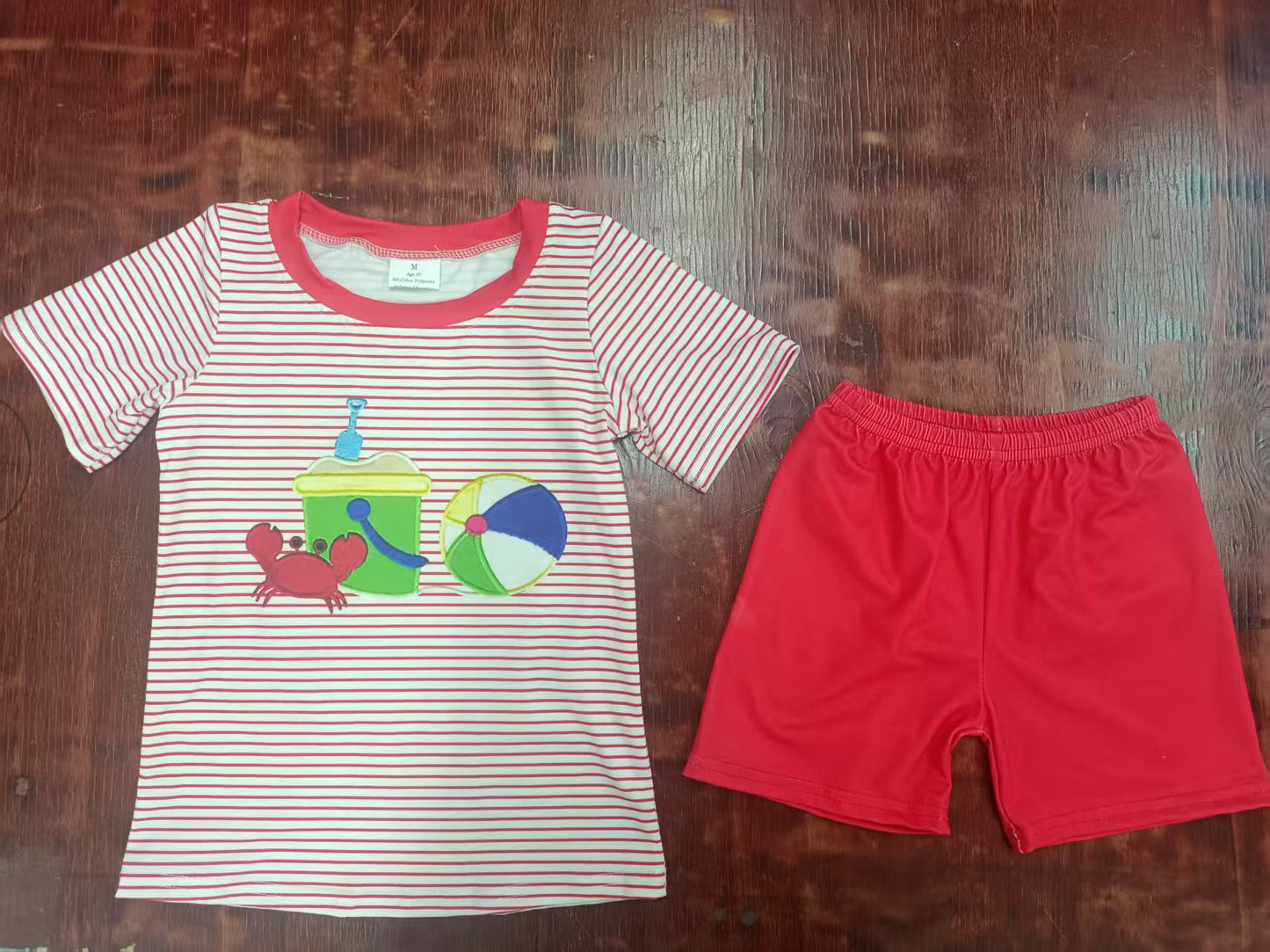 Custom moq 3 eta 6-7weeks baby boys clothes crab striped red short Sleeve shorts sets