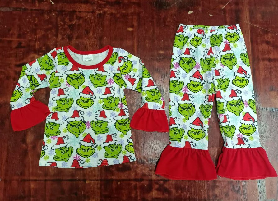 Custom moq 3 eta 6-7weeks Christmas Green Monster Printed Red Loose Cuff Long Sleeve Suit