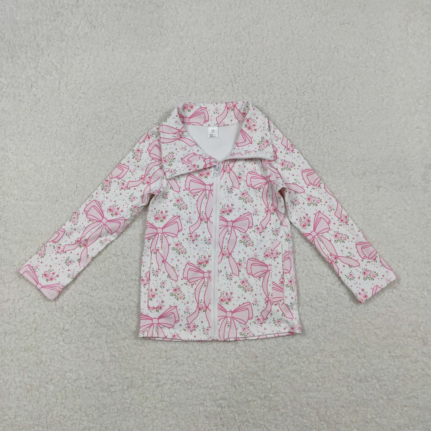 RTS NO MOQ（In Stock) GT1082 White yoga zip-up long-sleeved top with floral and bow pattern