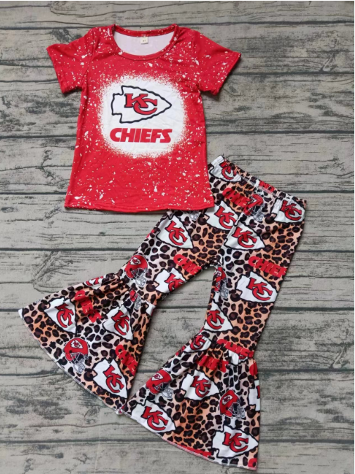 Custom moq 3 eta 6-7weeks Red KC Letter Short Sleeve Top & Leopard Print Flared Pants Set