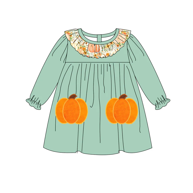 Custom moq 5 each style eta 6-7weeks baby girl pumpkin long sleeve pants and dress and briefs sets and romper