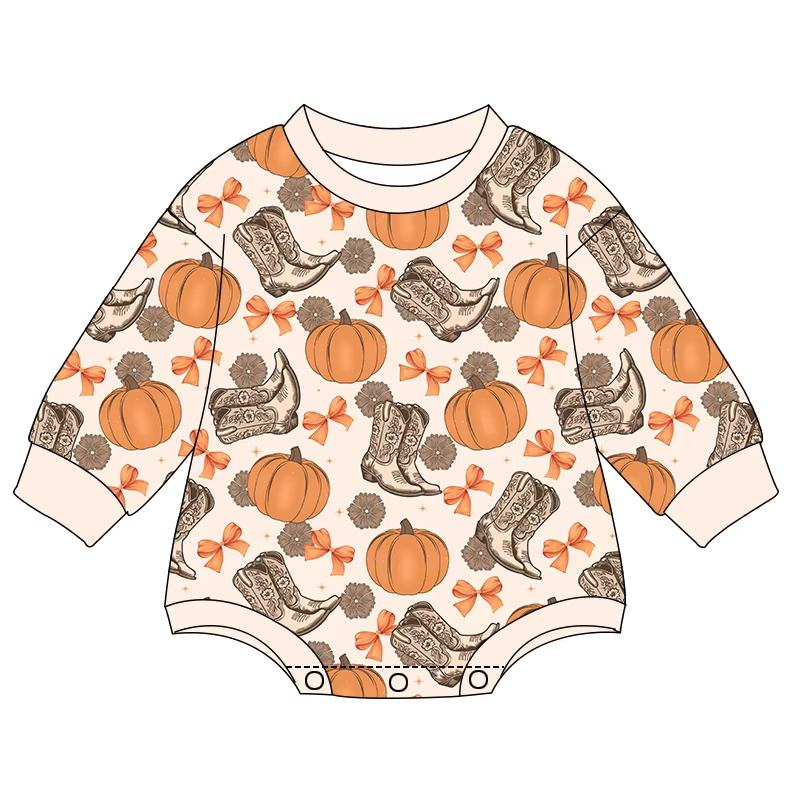 Custom moq 5 each style eta 6-7weeks baby girl clothes pumpkin bow boots long sleeve romper-25.8.9