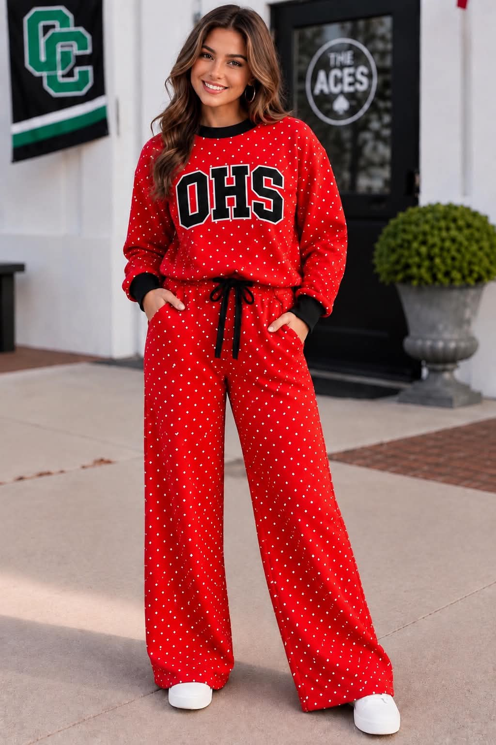 custom moq 5 mix size LIBBYBS0106 Adult To Match Kids Red White Dot Top Black Trim Wide Leg Pant Two Piece Outfit