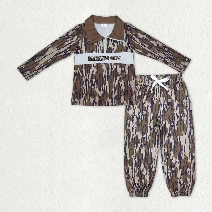 RTS NO MOQ Sibling Baby boy clothes embroidery camouflage long-sleeved trousers suits