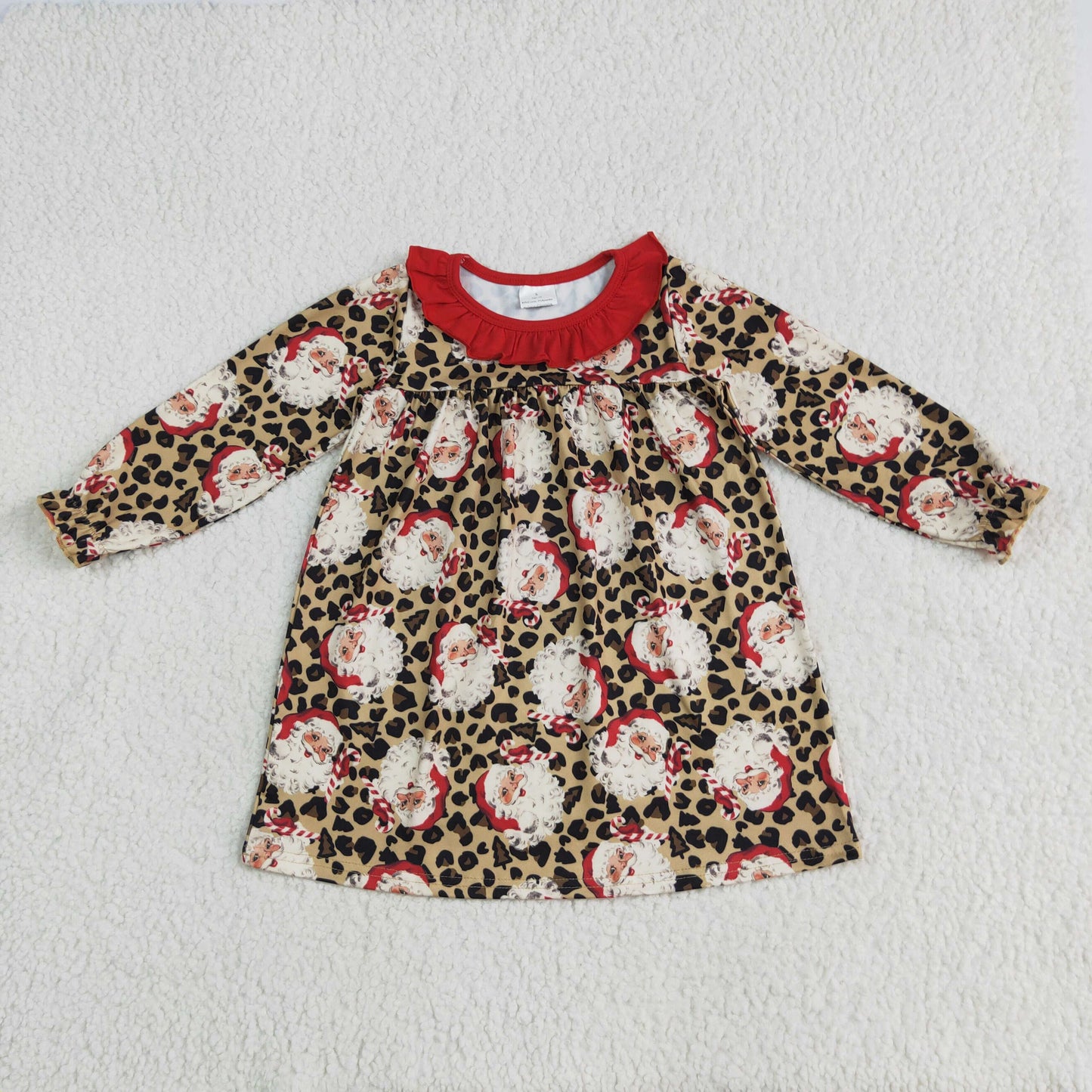 RTS NO MOQ GLD1065 Santa Claus leopard print red lace brown long-sleeved dress