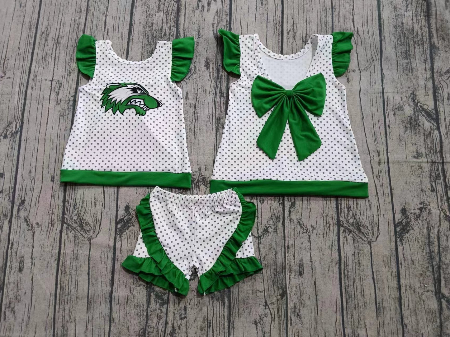 Custom moq 3 eta 6-7weeks baby girls clothes team green sleeveless shorts sets-25.8.26