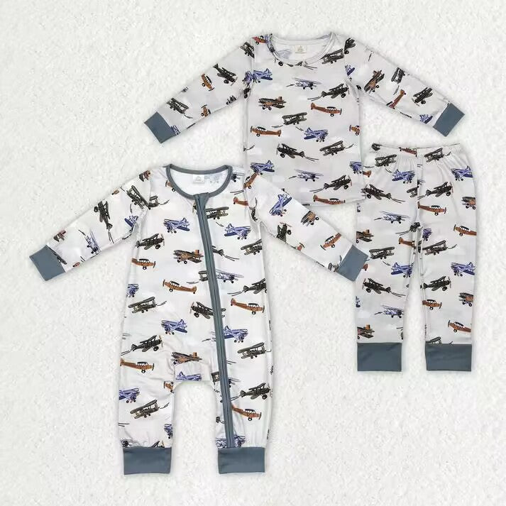 RTS NO MOQ  Military Fighter Print Grey Long Sleeve Suit & Long Sleeve Zipper Romper