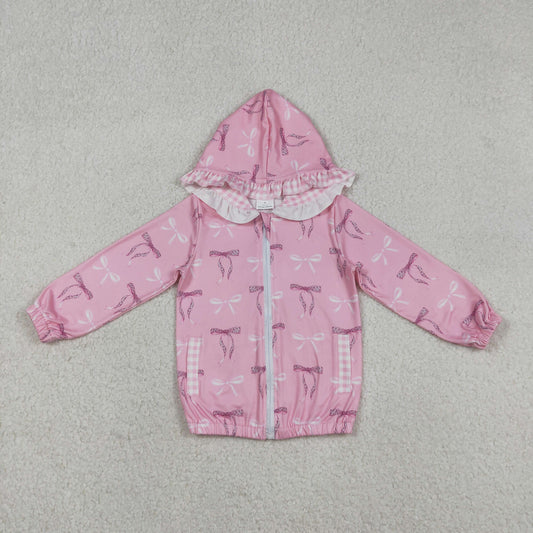 RTS NO MOQ（In Stock) Pink Plaid Lace Zipper-Up Hooded Long-Sleeved Top with Bow Pattern