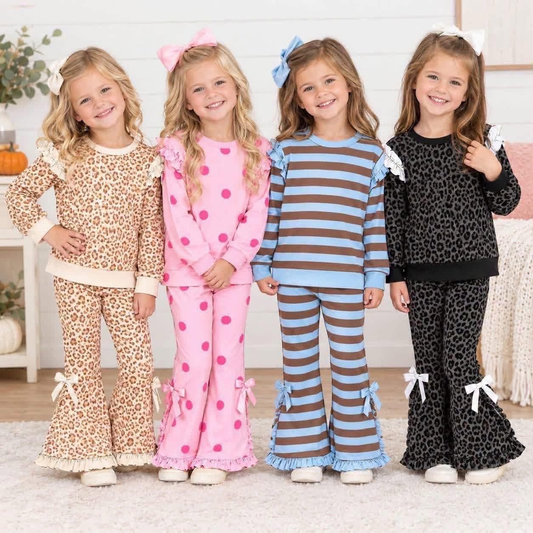 (Preorder new) No moq Baby Girls Ruffle Long Sleeve Top and Bow Flare Pants Set
