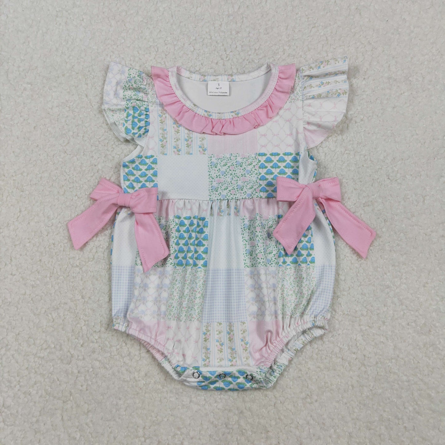 RTS NO MOQ（In Stock) SR3293 Floral Bow Pattern Patchwork Plaid Vest Jumpsuit