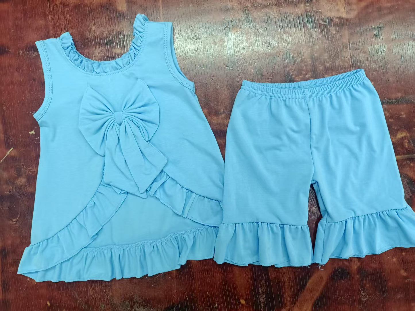 Custom moq 3 eta 6-7weeks baby girls clothes bow blue sleeveless shorts sets-25.4.30