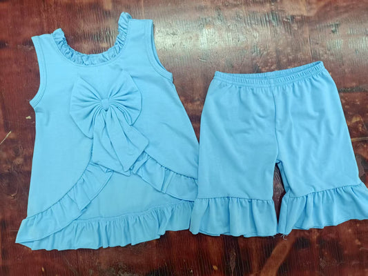 Custom moq 3 eta 6-7weeks baby girls clothes bow blue sleeveless shorts sets-25.4.30