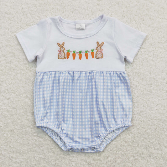 SR0723 Embroidery Rabbit Carrot Blue and White Plaid Short Sleeve romper