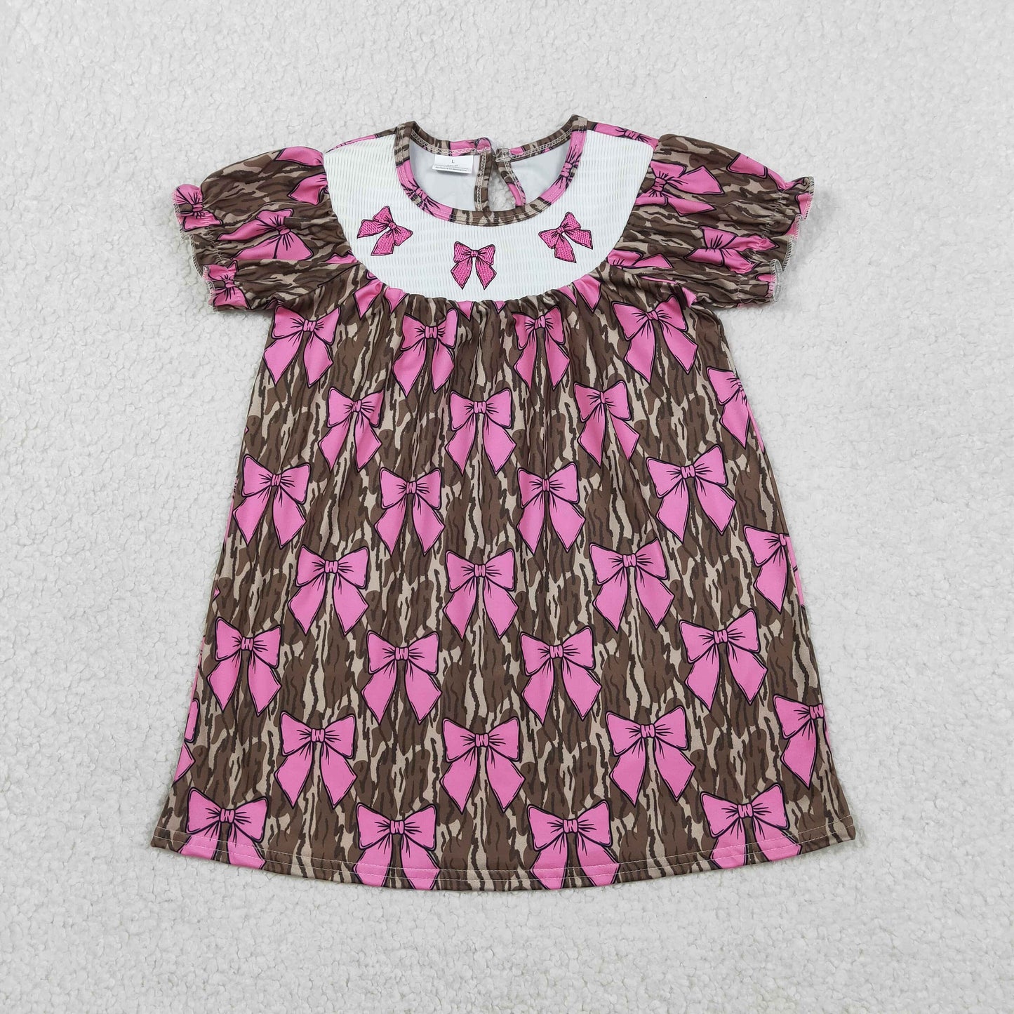 RTS NO MOQ（In Stock ) GSD3446 Embroidered Rose Red Bow Pattern Military Green Camouflage Short-Sleeve Dress