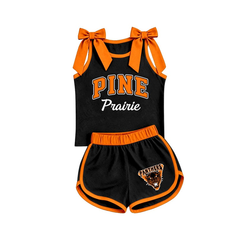 custom moq 5 mix size KEWT01 Baby Girls Orange Bow Sleeveless Black Top Shorts Team Outfit Set