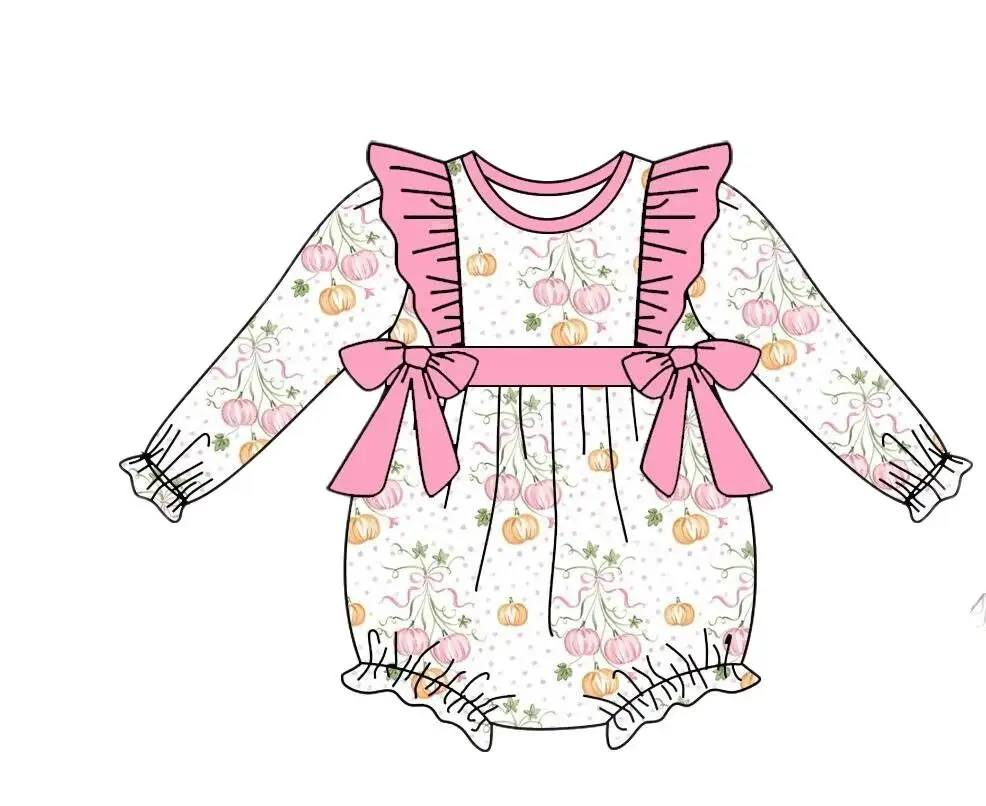 Custom moq 5 each style eta 6-7weeks baby girl clothes pumpkin long sleeve pants sets and romper and dress -25.8.2
