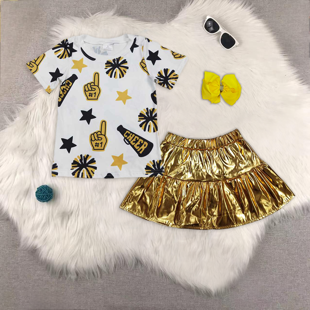 RTS NO MOQ ETA 5/7days Arrived GT0939+GLK0043 Cheer black and gold fireworks star white short-sleeved top Shiny leather pants skirt