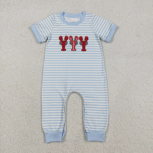 RTS NO MOQ（In Stock) Embroidered Lobster Blue Striped Short-Sleeve Jumpsuit