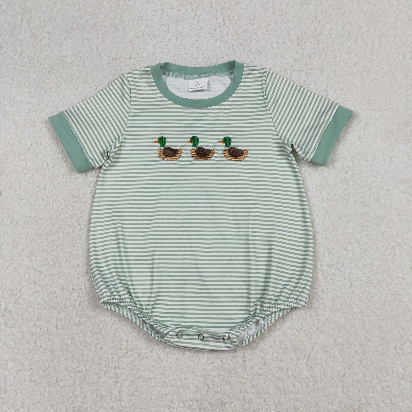 RTS NO MOQ（In Stock) Embroidered Duck Pocket Green Striped Short-Sleeve Jumpsuit