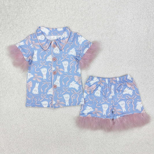 RTS NO MOQ ETA 5/7days Arrived GSSO1946 Easter Bunny Bow Pattern Pink Plush Edge Blue Short Sleeve Shorts Pajama Set