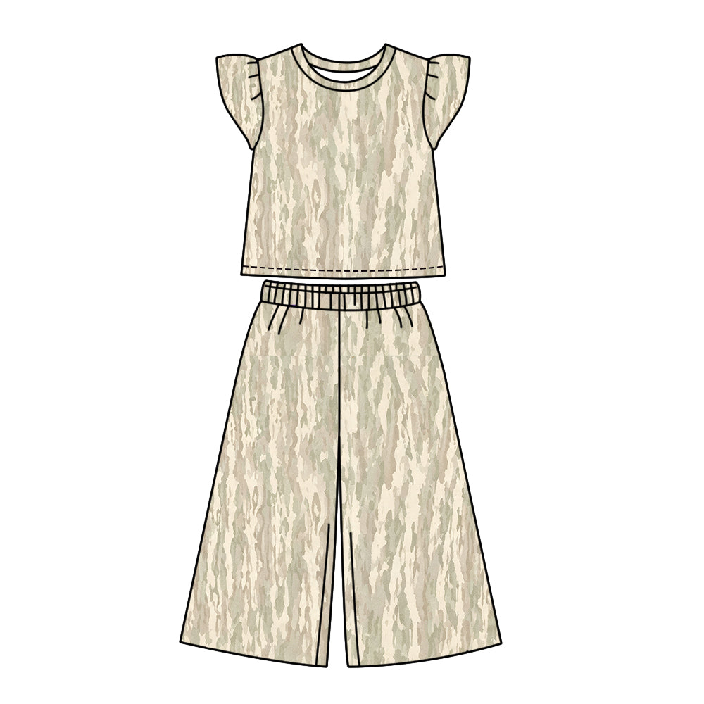 custom moq 5 mix size GSF01 Baby Girls Camo Print  Ruffle Sleeve Top Leg Pant Outfit