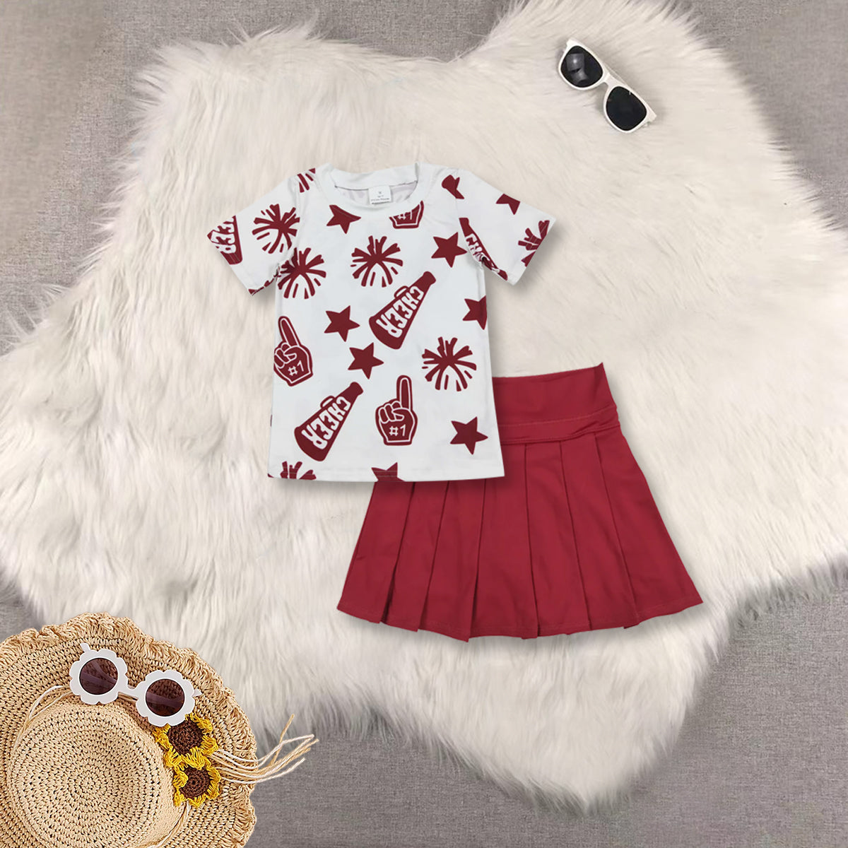RTS NO MOQ Sibling baby girls clothes Cheer fireworks star white short-sleeved top skirt sets
