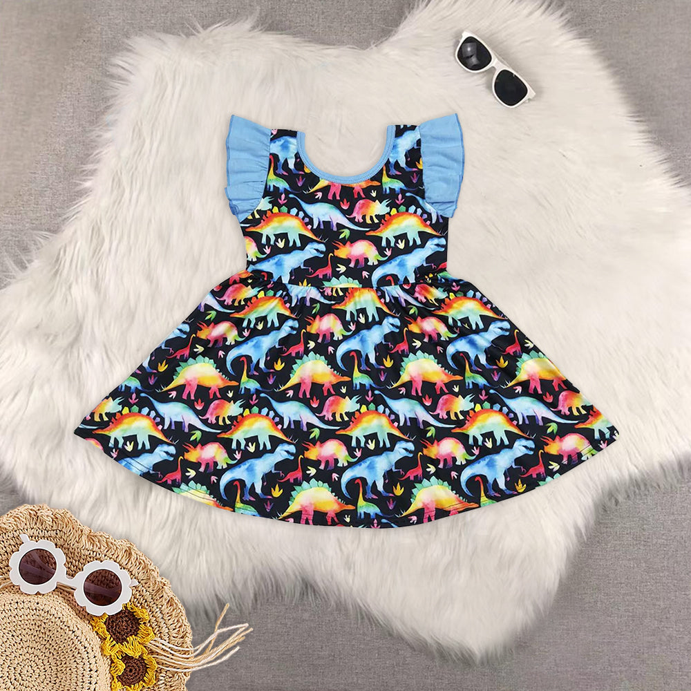 RTS NO MOQ baby boy and girls dinosaur flying sleeve dress and romper