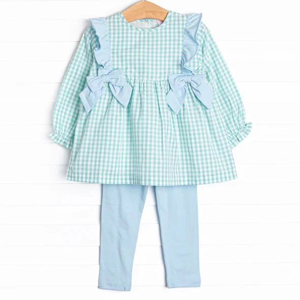 Deadline October 2  custom no moq eta 6-8weeks Sky blue bow decoration-lake green small plaid bubble long-sleeved top-sky blue trousers suit