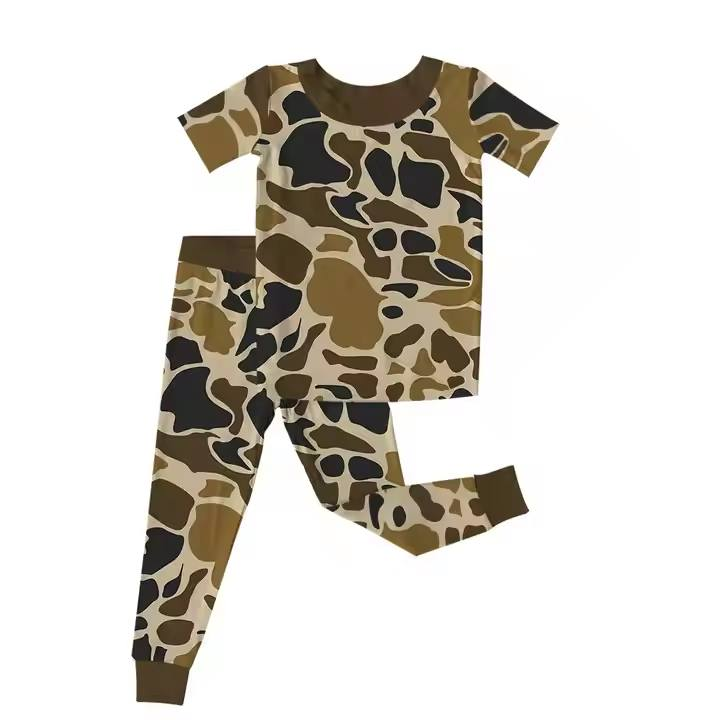Custom moq 5 each style eta 6-7weeks baby boy clothes camouflage short sleeve pants set 4-25.8.7