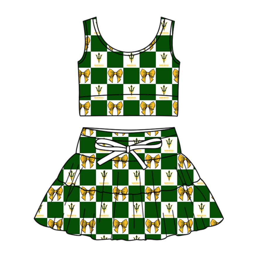 Custom moq 3 or 5 mix size milk silk summer teams baby girl clothes bow green sleeveless skirts sets-26.1.20