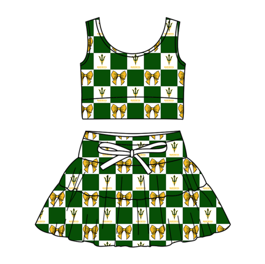 Custom moq 3 or 5 mix size milk silk summer teams baby girl clothes bow green sleeveless skirts sets-26.1.20