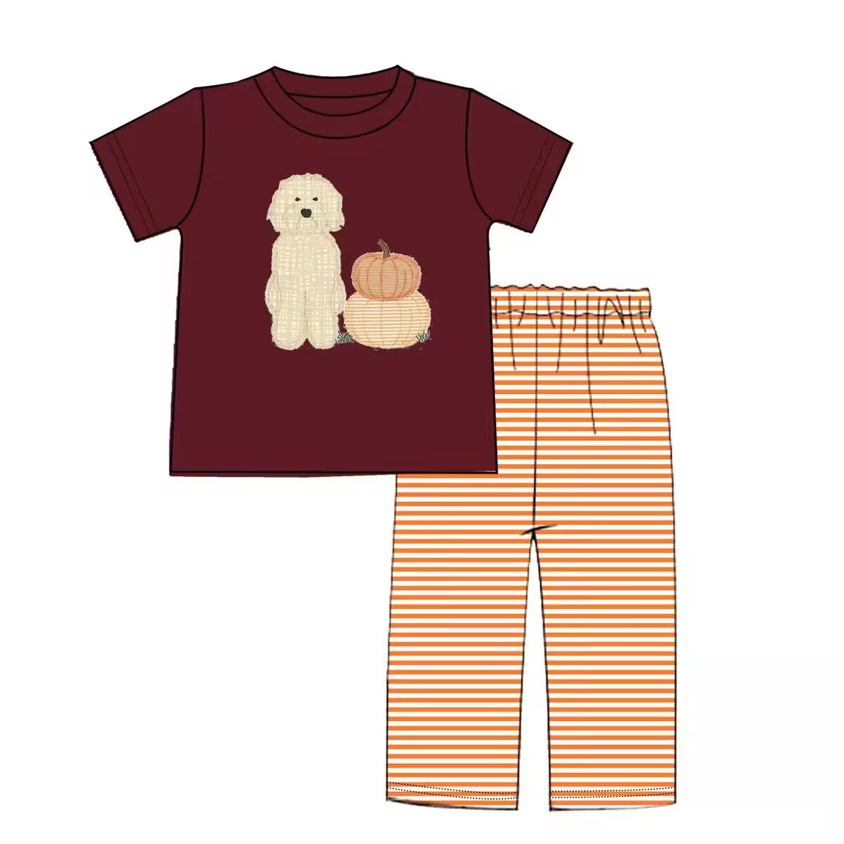 Custom moq 3 eta 6-8weeks Embroidered Pumpkin Puppy Brown Regular Short Sleeve-Orange Striped Pants Set