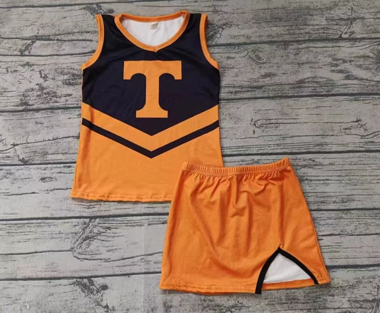 Custom moq 3 eat about 6-8 weeks Orange and Black V-Neck Sleeveless Cheerleading Skirt Set