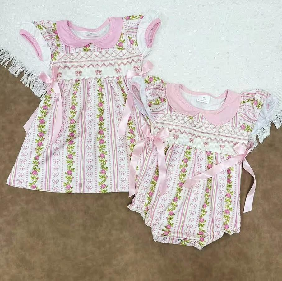 RTS Sibling baby girls clothes embrodiery bow floral short sleeve dress and rompers