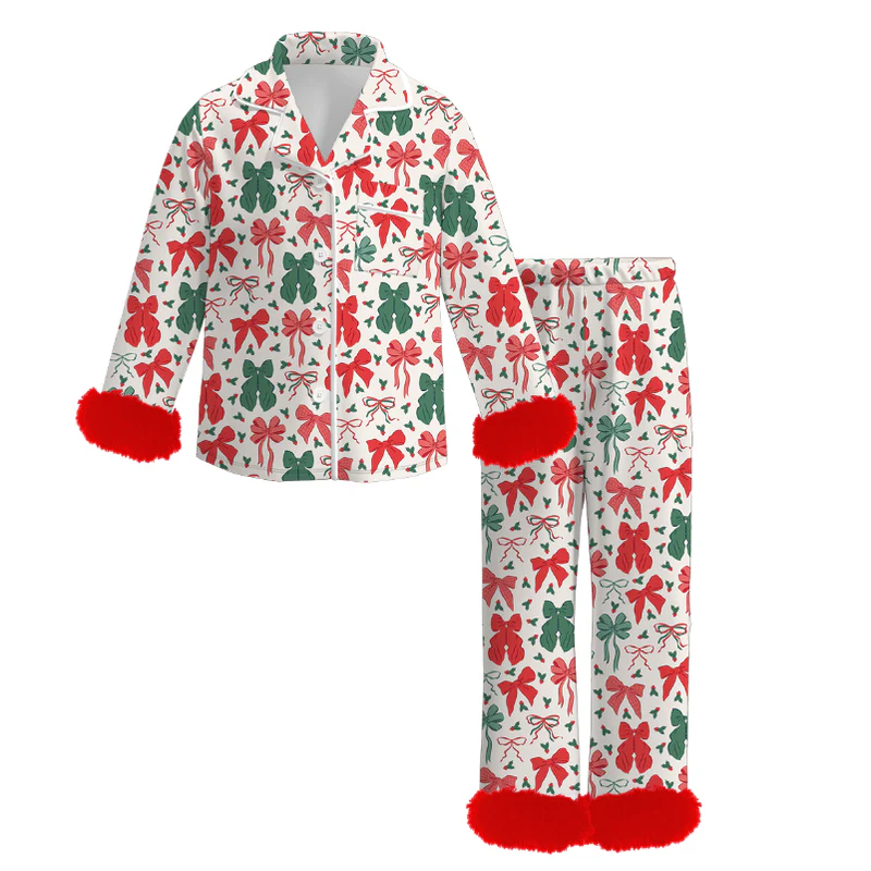 Custom moq 5 each style eta 6-7weeks Christmas bow baby girl long sleeve pant sets and adult sets