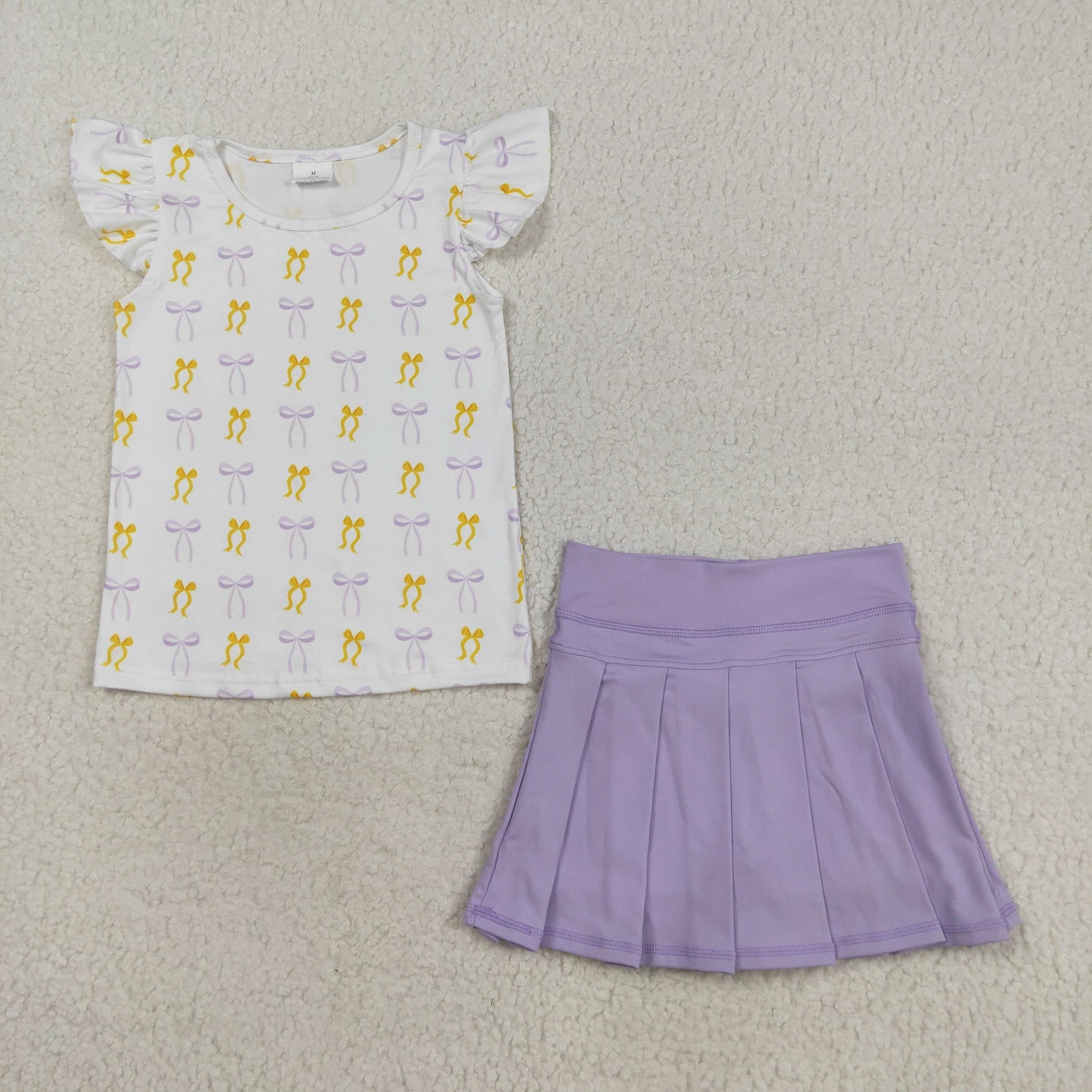 RTS NO MOQ（In Stock) GT1147+GLK0085 Yellow and purple bow pattern white flying sleeve top Solid color light purple yoga skirt set