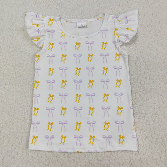 RTS NO MOQ（In Stock) GT1147 Yellow and purple bow pattern white flying sleeve top
