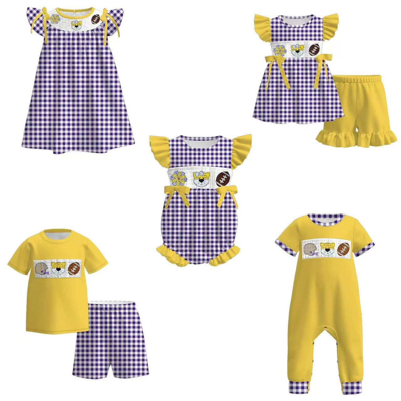 Custom summer teams baby girls clothes team purple short sleeve shorts sets dress romper-25.7.15