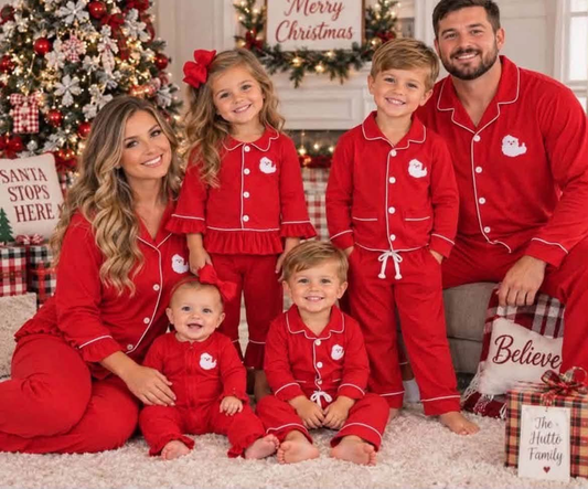 RTS NO MOQ Sibling milk silk Adult And Kids Christmas Santa Red Color Print Pocket Top Pajamas Sets Rompers Sleepwear Outfit