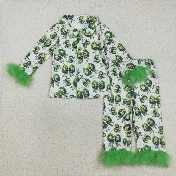RTS NO MOQ Sibling baby girl clothes Christmas bow Plush long sleeve pants Sets