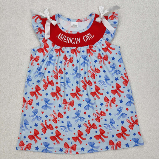 RTS NO MOQ ETA 5/7days Arrived GSD1827 Embroidery american girl national day bow pattern blue flying sleeve dress