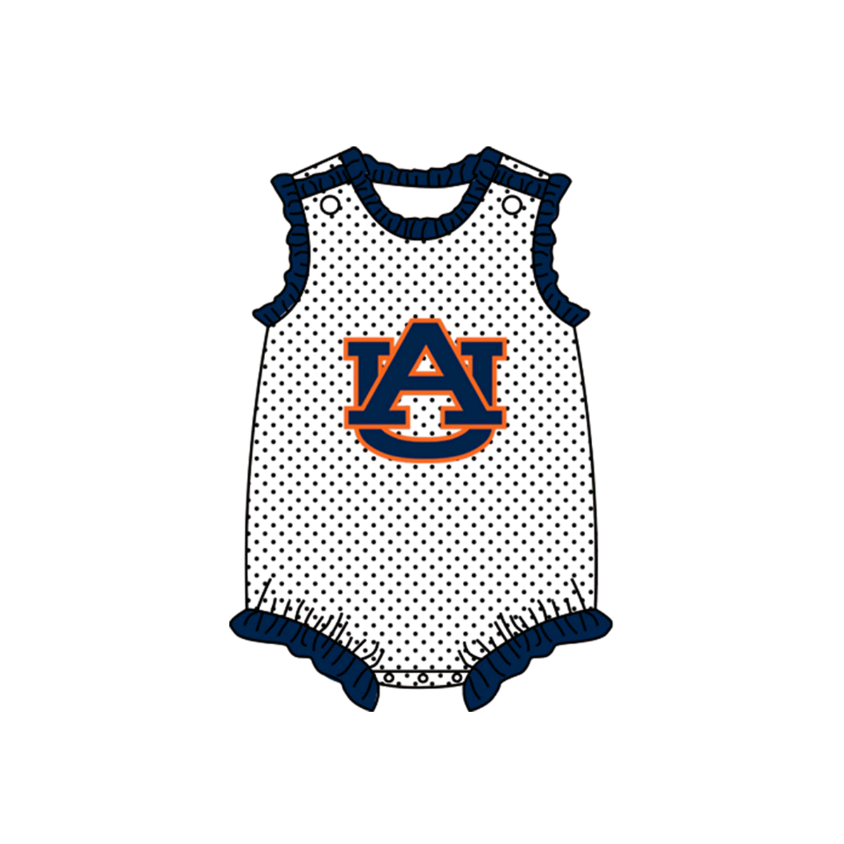 Deadline  September 30 custom no moq eta 6-8weeks Letter A pattern-dark blue polka dots-pleated petal edge short crawler