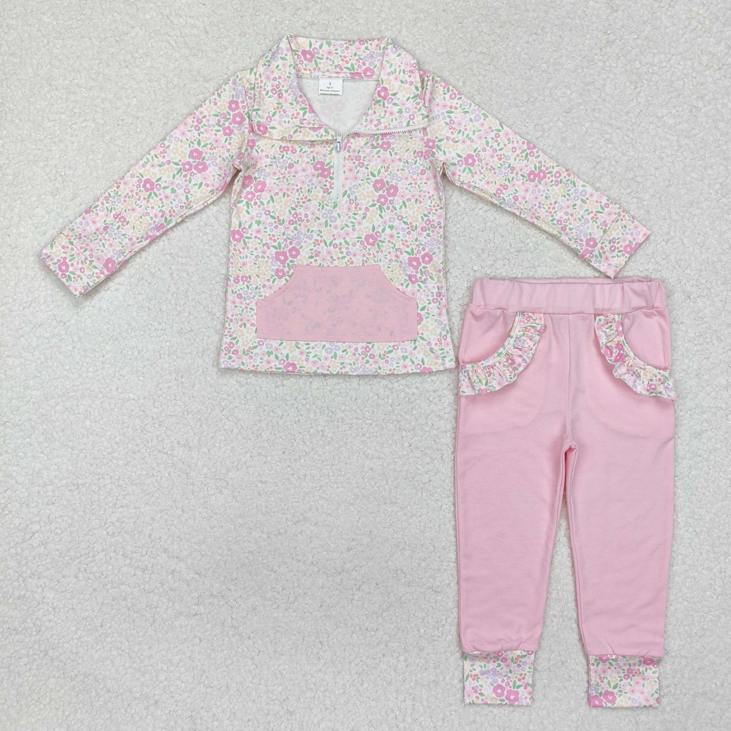 RTS NO MOQ ETA 5/7days Arrived GLP2118 Flower floral pink pocket zipper long sleeve trousers set