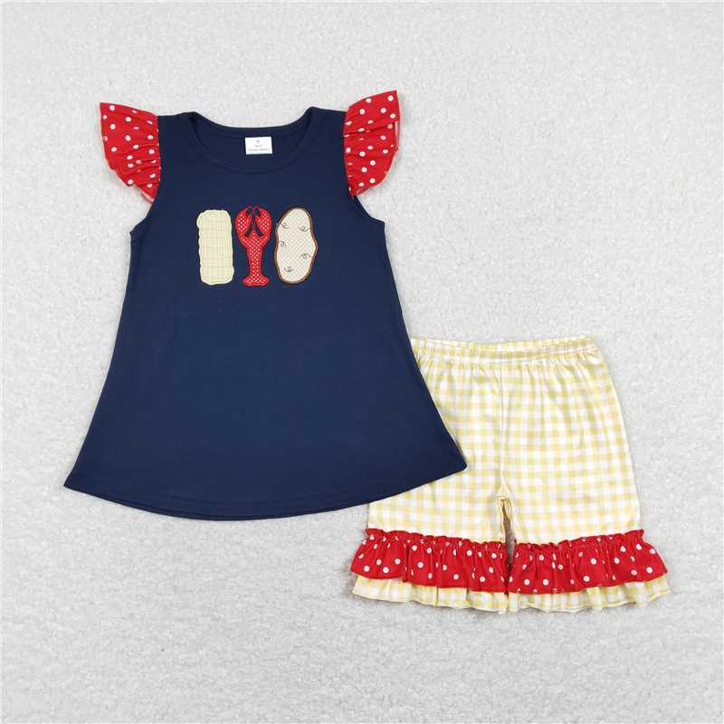 RTS NO MOQ Embroidery crayfish short-sleeved shorts suit & short-sleeved sets and romper