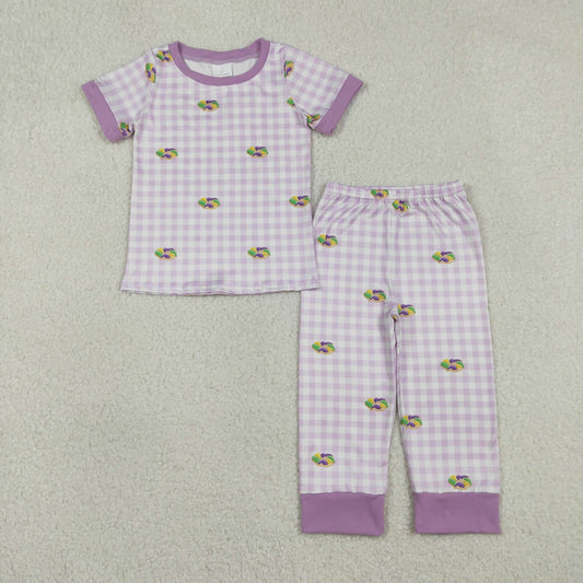 RTS NO MOQ（In Stock) Embroidered Carnival Donut Purple Plaid Short-Sleeved Pajama Set