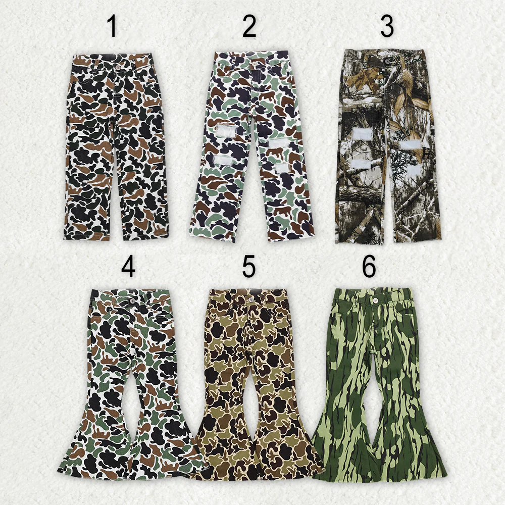 RTS NO MOQ Sibling Baby Girls boy Clothes summer camouflage Jeans: Flared & Ripped