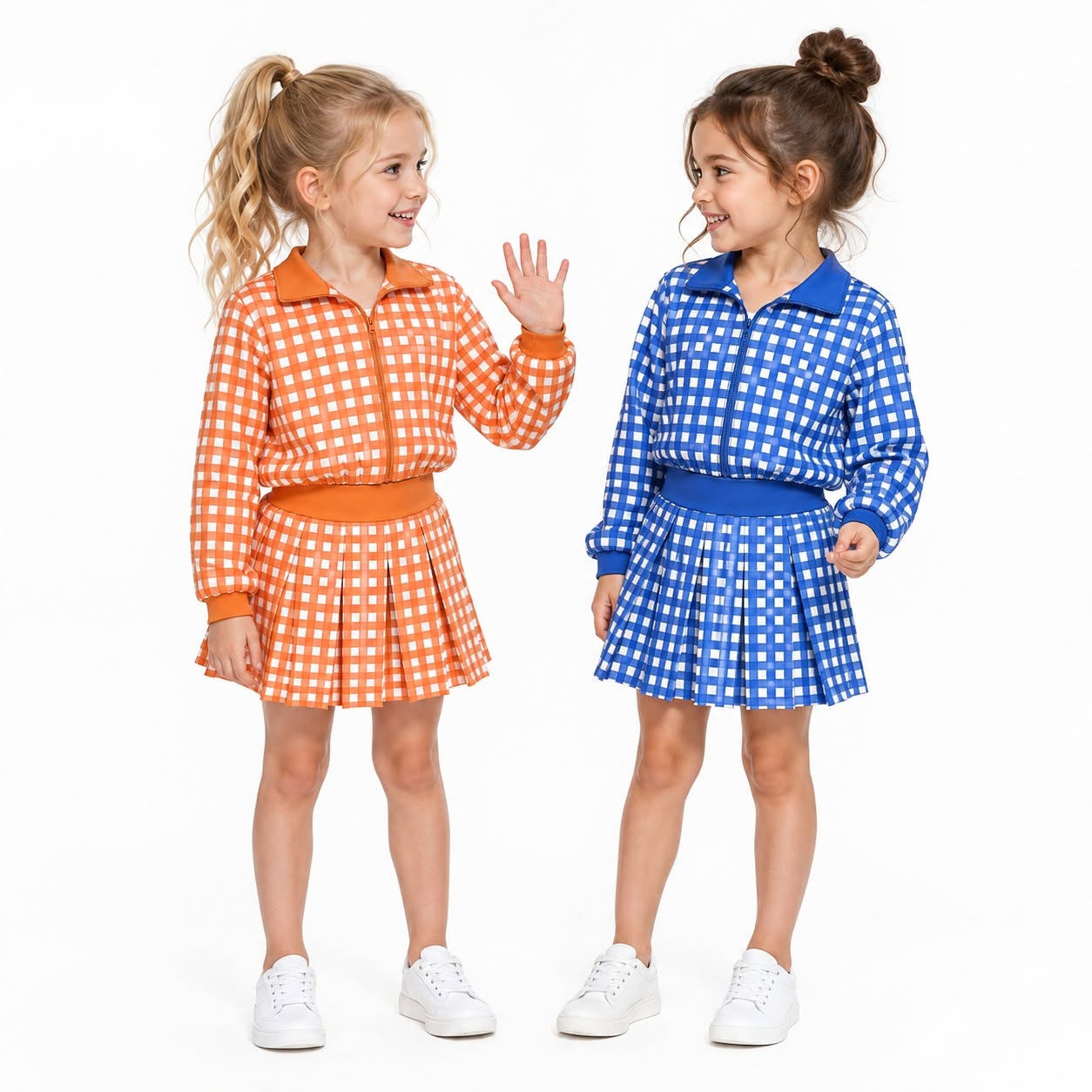 (Preorder new) No moq Yoga Baby Girls Checked Zip Jacket Top Pleated Skirt Yoga Active Clothes Set