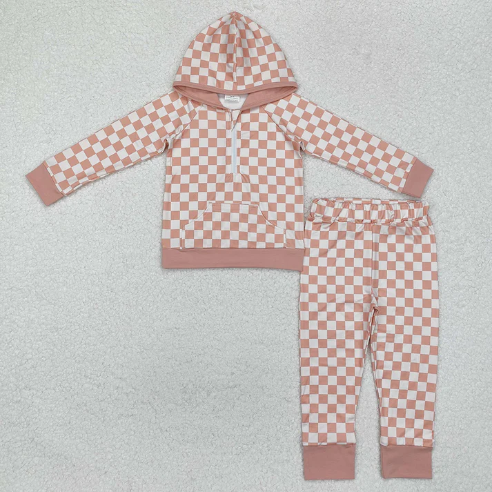 RTS NO MOQ Baby Girls Plaid hooded Long Sleeve Pants Set
