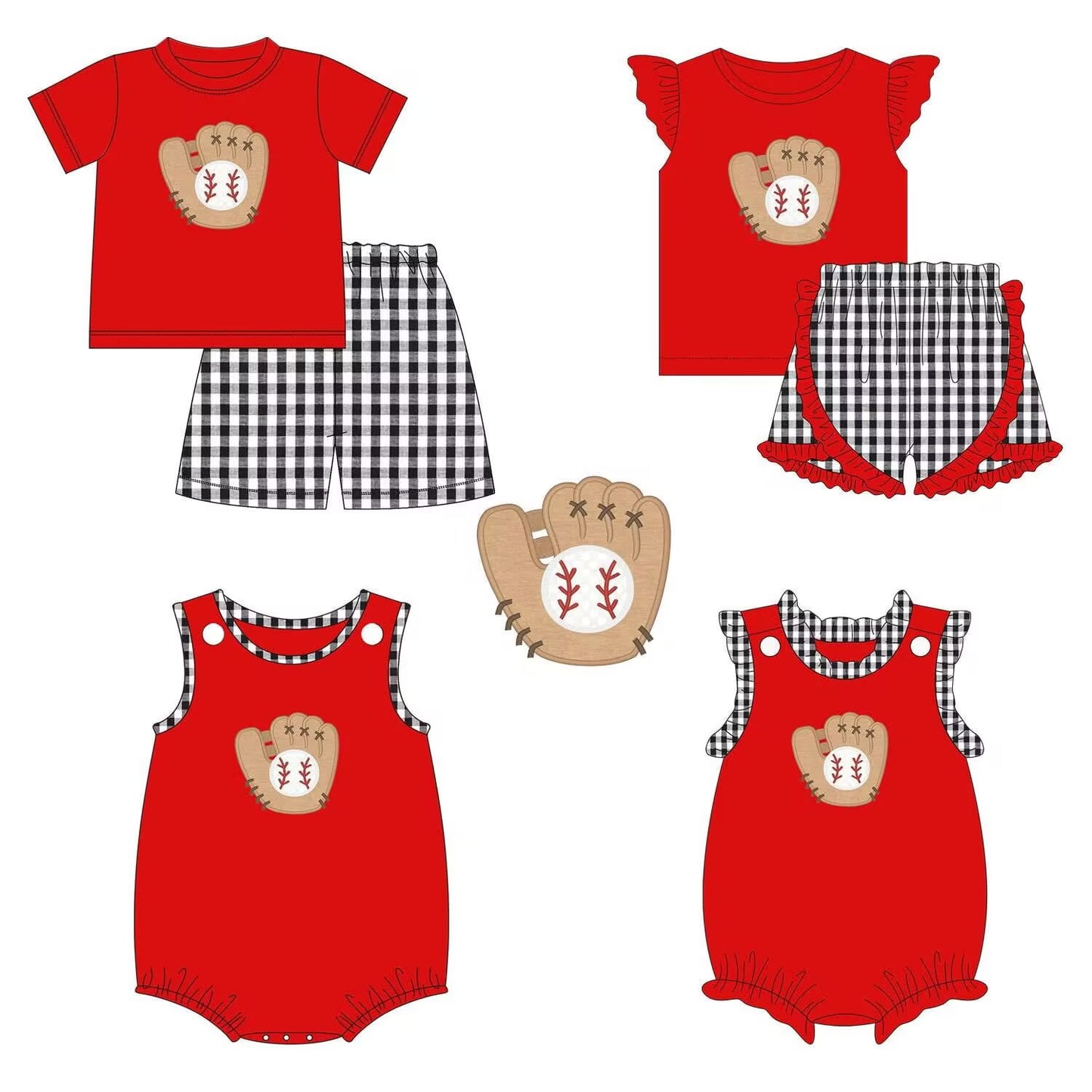 Custom moq 5 each style eta 6-7weeks baby girl clothes baseball red short sleeve shorts set 2 and rompers 2-25.8.28