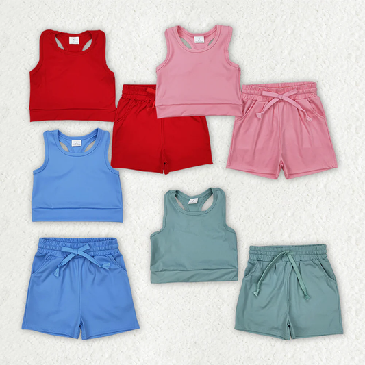 RTS NO MOQ baby girls Clothes yoga solid color short sleeve shorts Sets